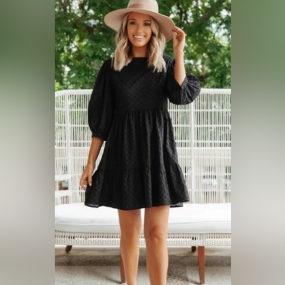 Anthropologie WAYF BFF Lauren Black Eyelet Babydoll Mini Dress Out Size M - Picture 9 of 12